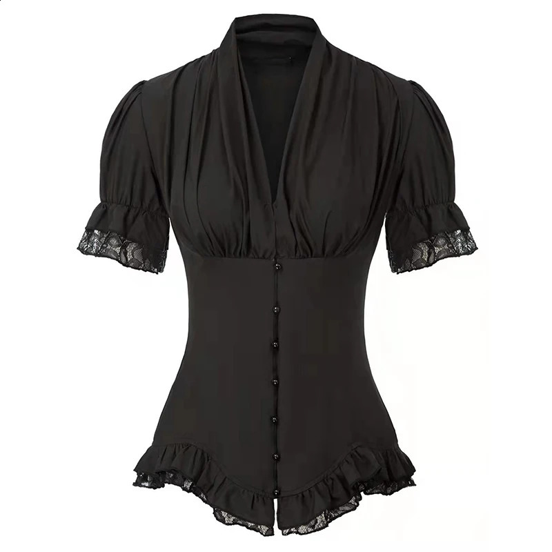 Vintage Victorian Blouse for Women Short Sleeve V Neck Lace Chiffon Slim Corset Shirt Tops 240723