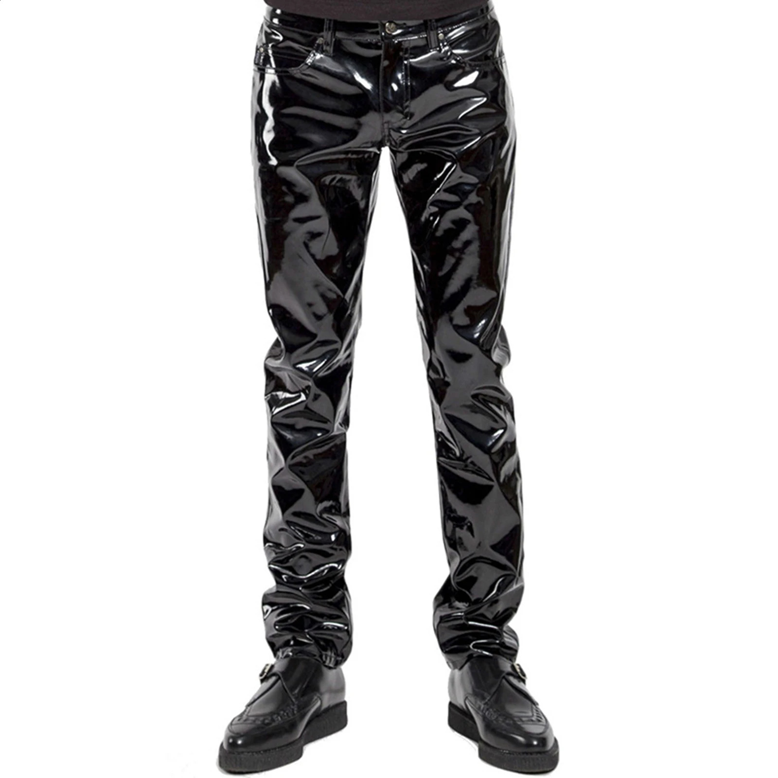 Male Black Patent Leather Motorcyle Biker Pants Glossy Mid Waist Straight Trousers Leather Pant Men Wet Look Rave Party Clubwear 240715