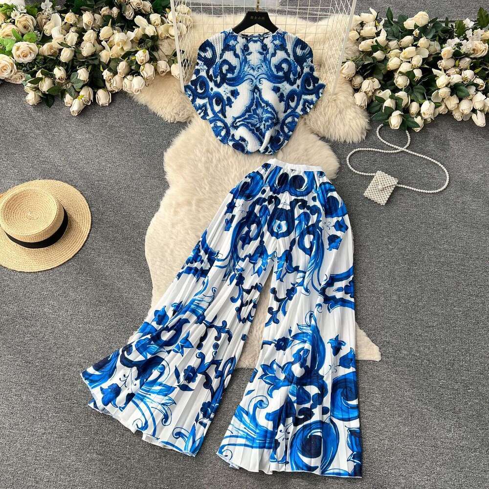 Light Luxury Cut Womens High-end Printed Fashion Set Summer Sleeveless Top+high Waisted Draped Micro Flared Pants Loose Waist SKINNY DRESS Oversize Dr