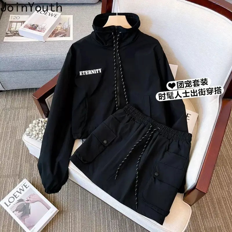Fashsion Skirt Women Outfits Korean Two Piece Set Long Sleeve Zipper Coat High Wast Bodycon Skirts Vintage Y2k Clothing 240713