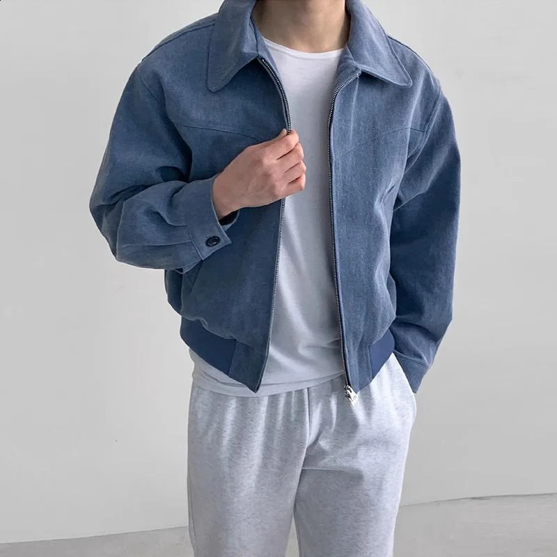 Mens Bomber Jacket Turndown Collar Spring Retro Patchwork Zipper Pocket Short Coats Overcoat Streetwear Male Leather Jackets 240715