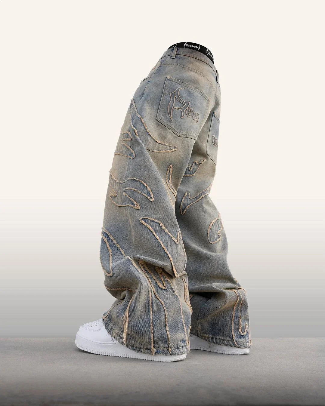 Streetwear Distressed Patchwork Baggy Jeans for Men Y2k Vintage Raw Edge Embroidery Denim Pants Women Straight Wide Leg Trousers 240717