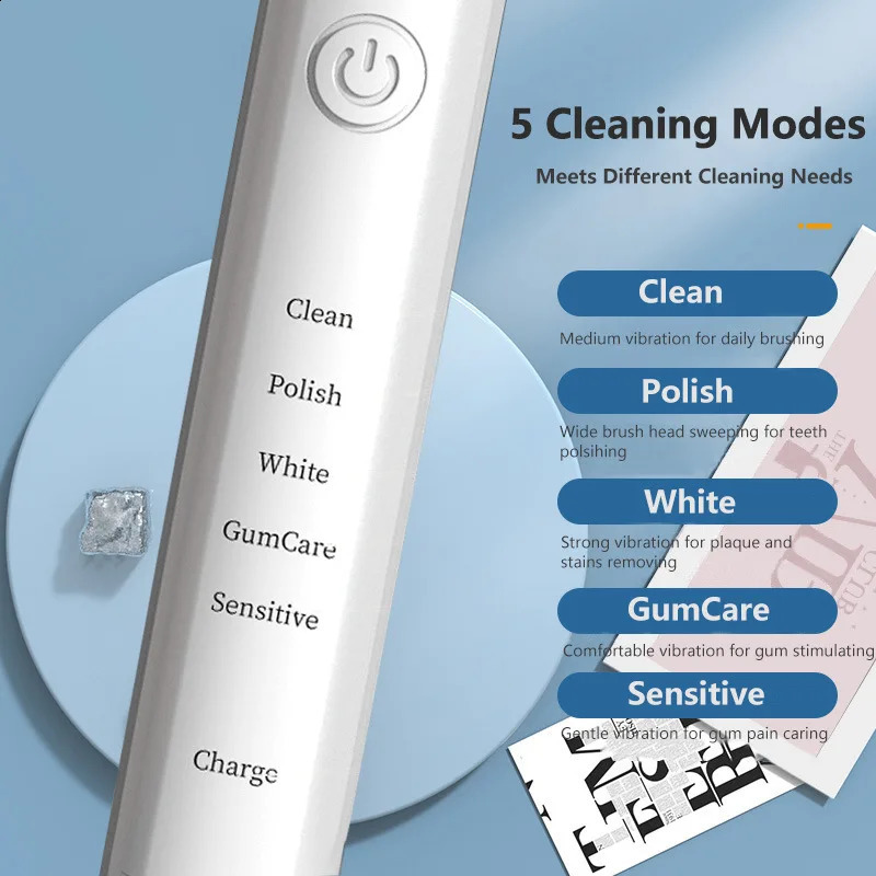 Ultrasonic Electric Toothbrush for Adults Timer Teeth Automatic Vibrator Sonic Brush Whitening IPX7 Waterproof 4 Brush Heads 240713