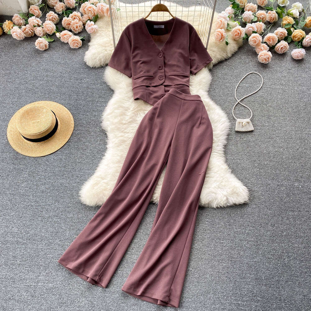 Korean Fashion Womens Summer Camisole Vest Short V-neck Shirt Jacket High Waist Wide Leg Long Pants Three Piece Set Waist Loose High Waist Dress Silk 