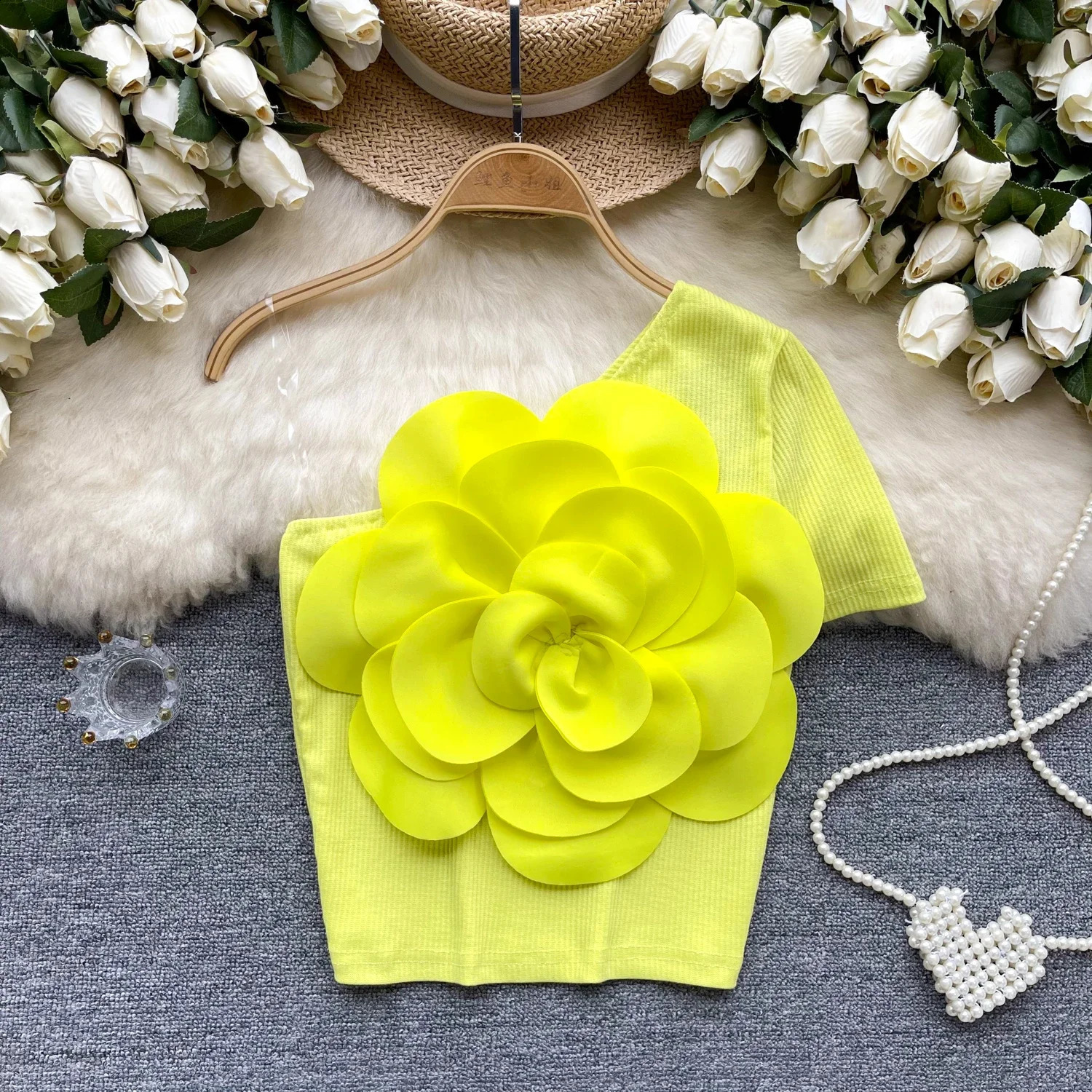Summer Chic Skew Collar Off Shoulder Blouse Threedimensional flower pleated Slim Sexy Fashion Top sweet Women Shirt 240723
