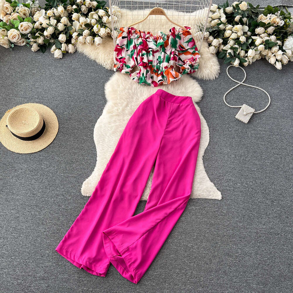 Korean Fashion French One Line Shoulder Lotus Leaf Edge Fragmented Flower Shirt Two Piece Set Womens High Waist Slim Wide Leg Long Pants Loose Round N