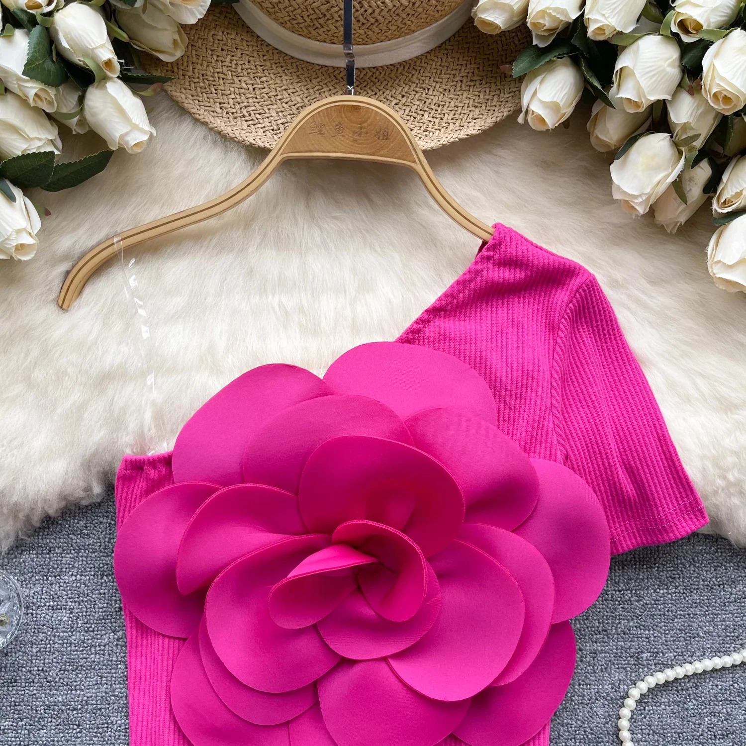 Summer Chic Skew Collar Off Shoulder Blouse Threedimensional flower pleated Slim Sexy Fashion Top sweet Women Shirt 240723