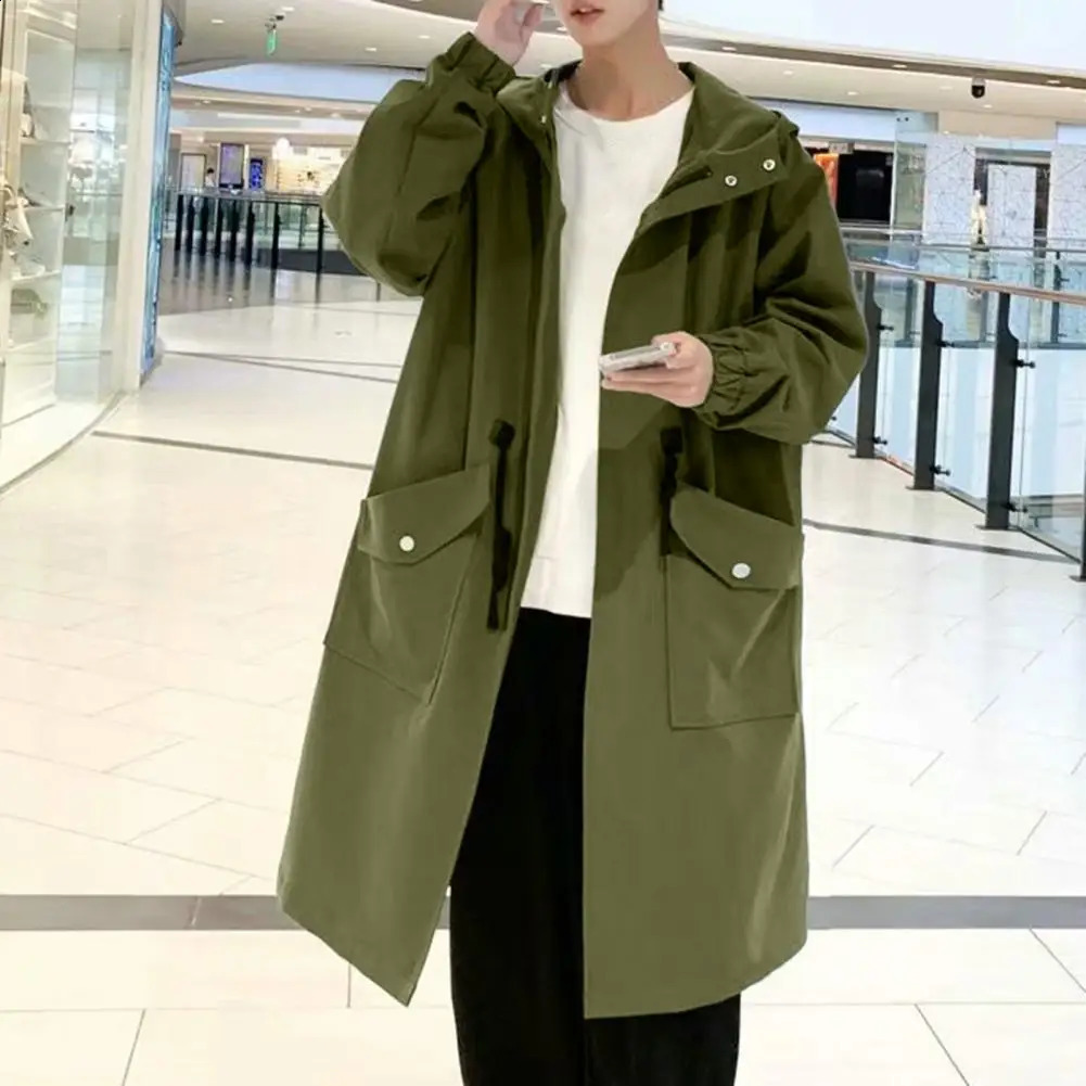 Men Trench Coat Hooded Loose Mid Length Big Pockets Long Sleeve Windproof Solid Color Zipper Closure Anti-wrinkle Elastic Cuff S 240716