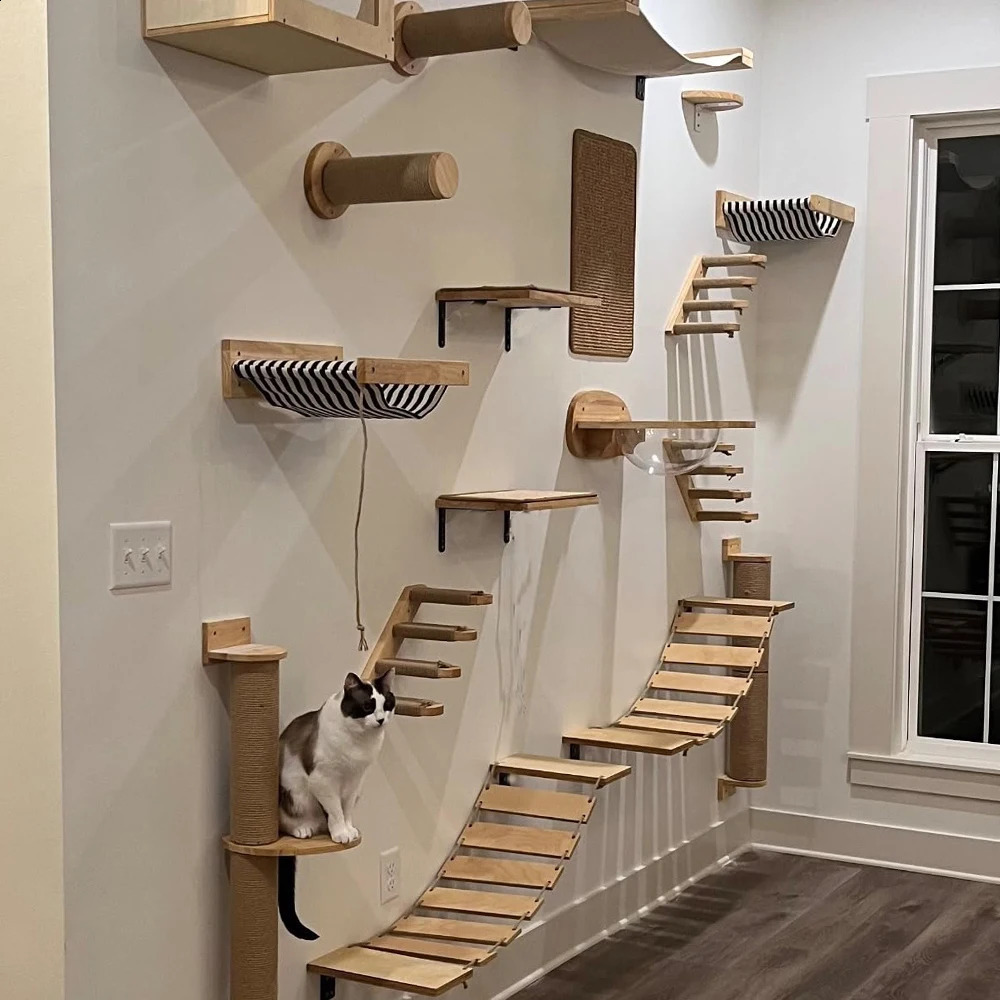 Tree Wall Mounted Climbing Wooden Shees Posts Ladders with Hammock and House Cat Bridge for Kittens Perch Sleeping 240723