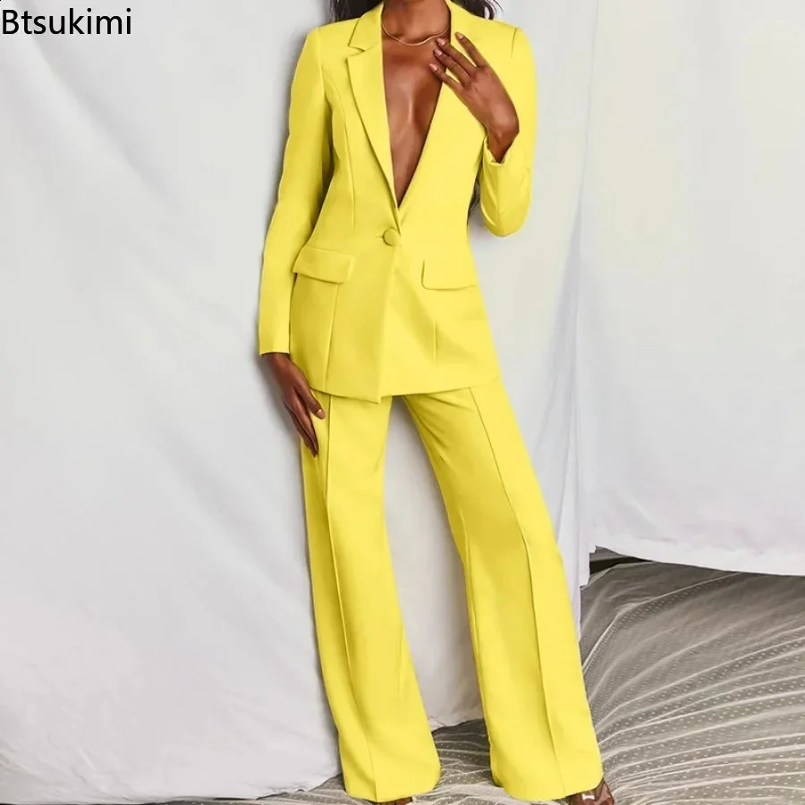 2024 Womens Formal Office 2PCS Sets Solid Blazer Suits and Pants Sets Slim Fit Womens Pants Suits Sets Temperament Tracksuits 240716