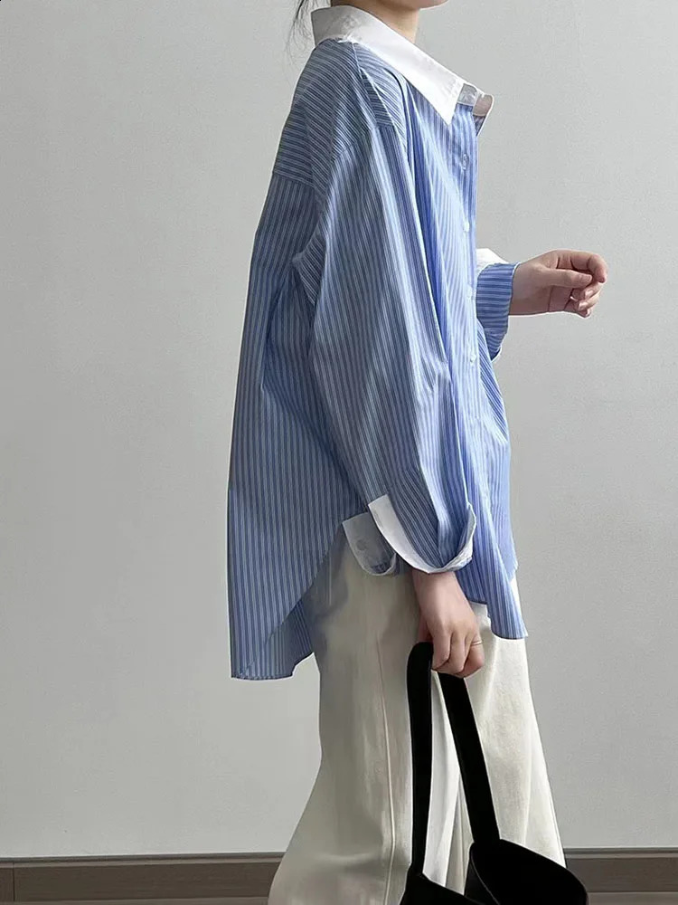 Striped Patchwork Shirt for Women Summer Loose Lapel Office Ladies Long Sleeve Blouses Korean Chic Elegant AllMatch Button Tops 240723