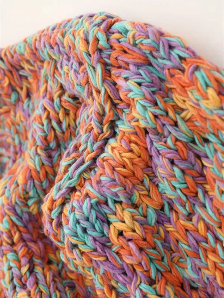Coarse Wool Knit Cardigan Round Neck Multi-Color Rainbow Sweater For Women Needle Hand Made High Quality C-197 240724