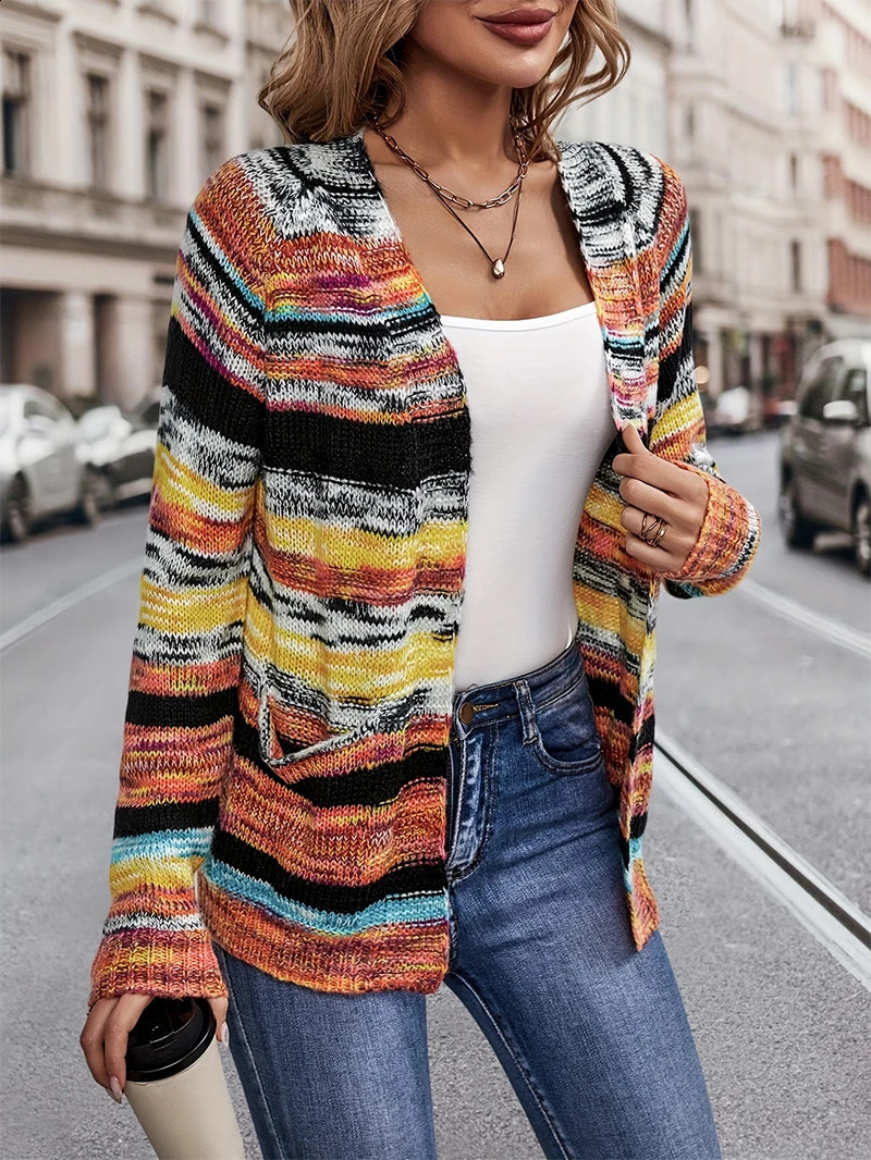 Womens Rainbow Striped Long Sleeve Open Front Cardigan for Stylish Spring and Fall Layering 240724 - view 5
