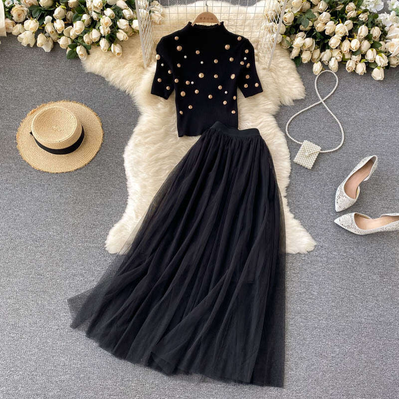 Autumn Knitted Short Sleeved Top, Heavy-duty Beaded Slim Fit, Versatile Mesh Skirt, Temperament Two-piece Set Short Temperament Waist Loose Novelty SK