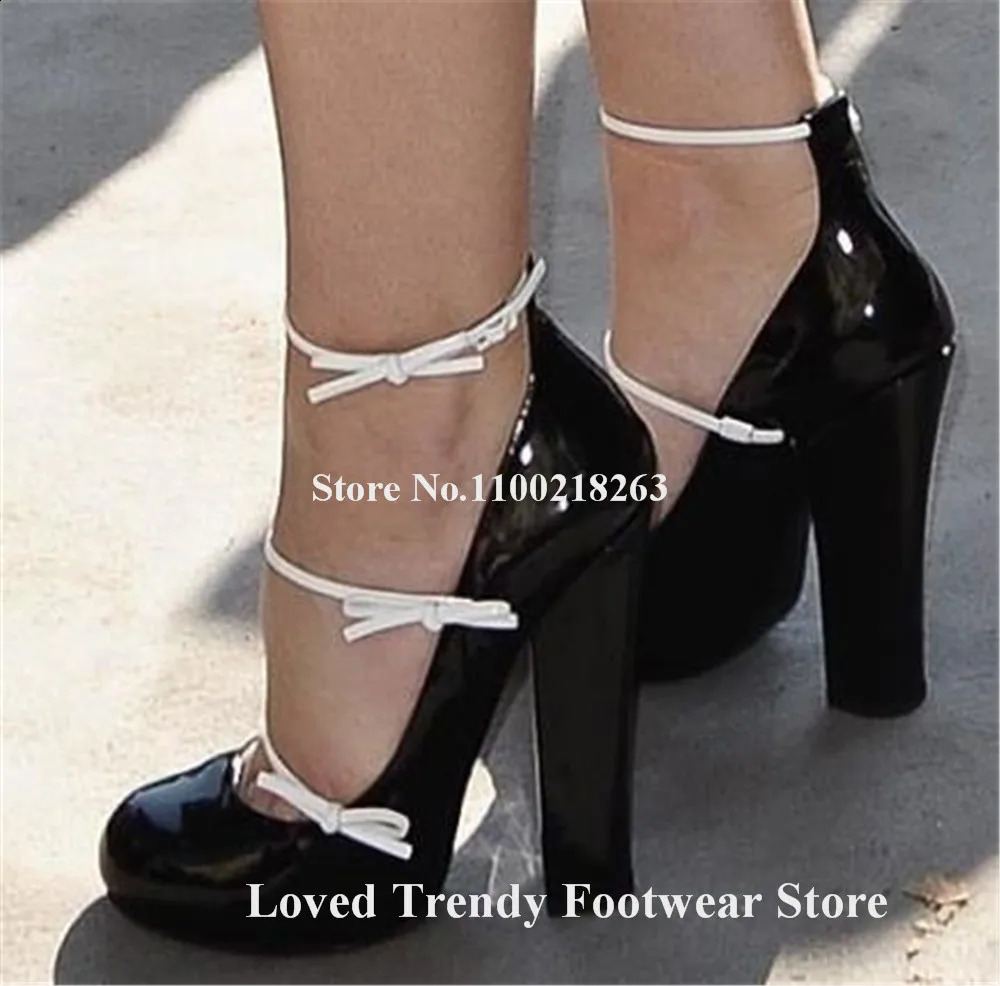 Elegant Straps Bowtie Chunky Heel Pumps Round Toe Black White Patent Leather Patchwork Thick Heel Party Heels Wedding Shoes 240708
