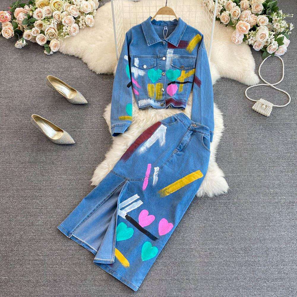 Fashion Womens Hong Kong Style Temperament Graffiti Denim Two-piece Set High Waisted A-line Split Skirt Autumn Self-cultivation Short Waist Round Neck