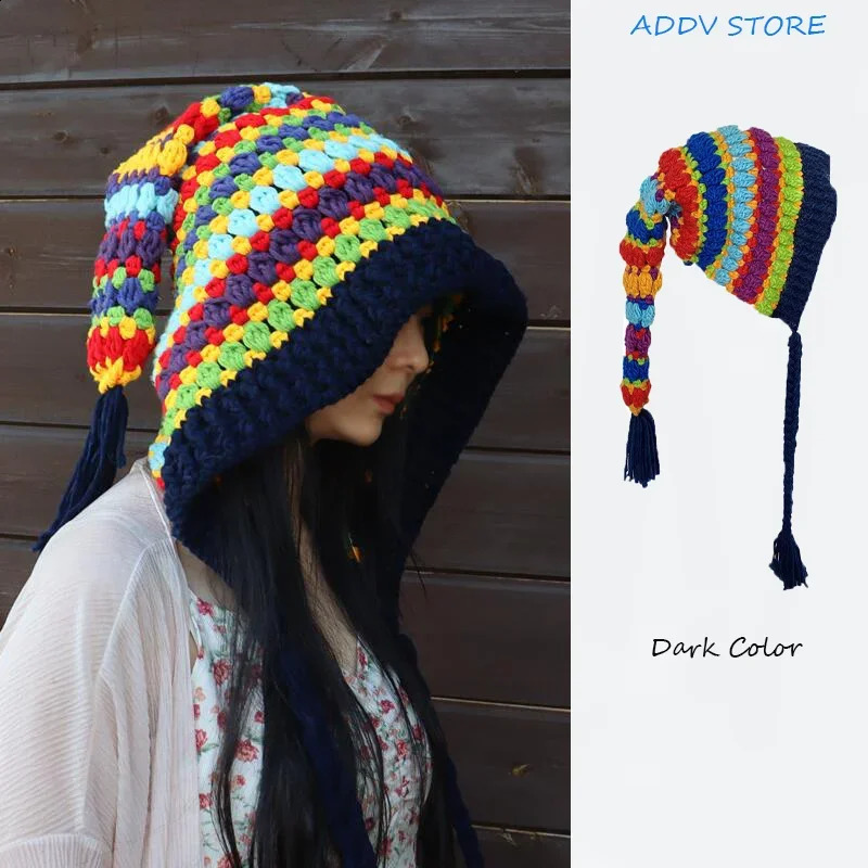 Womens Crochet Rainbow Long-tailed Hat Knitted Wool Rainbow Hat Parent-child Winter Long Braid Elf Hat 240719
