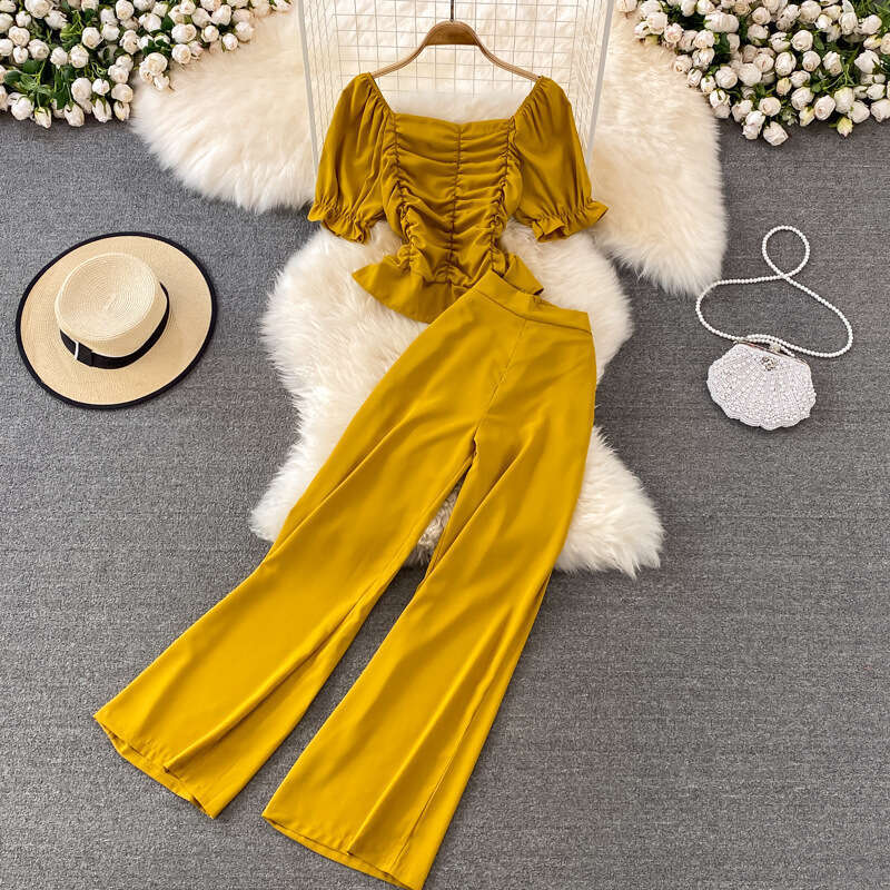 Fashionable Suit Womens Casual Pants with High Waist and Wide Leg, Two Piece Set of Square Neck Short Slim Fit Shirt Loose Novelty Round Neck Dress