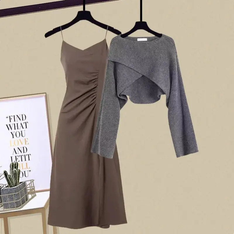 Autumn Irregular Cross Knitted Sweater Pullover Strap Pleated Dress Two Piece Elegant Womens Party Dress 240724