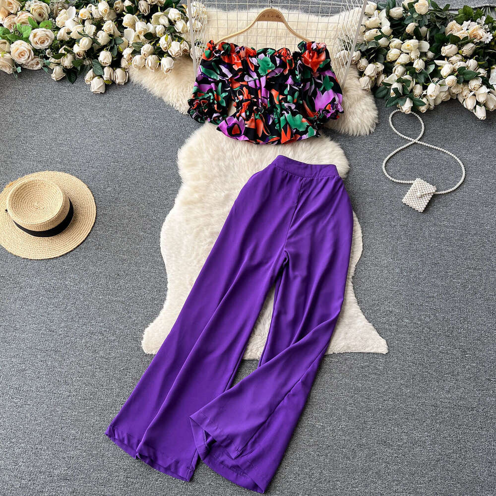 Korean Fashion French One Line Shoulder Lotus Leaf Edge Fragmented Flower Shirt Two Piece Set Womens High Waist Slim Wide Leg Long Pants Loose Round N