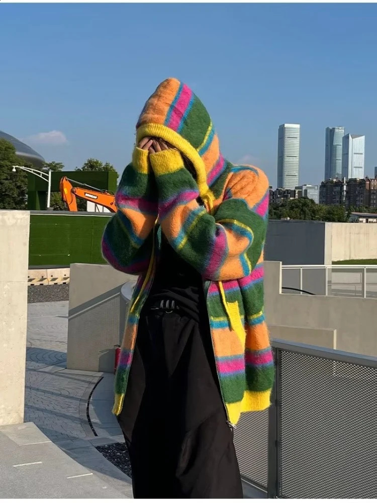 Y2k Zip Rainbow Stripe Sweater Hooded Cardigan Women Retro Zip Up Jumpers Jacket High Street Loose Korean Style Knitted Tops 240724