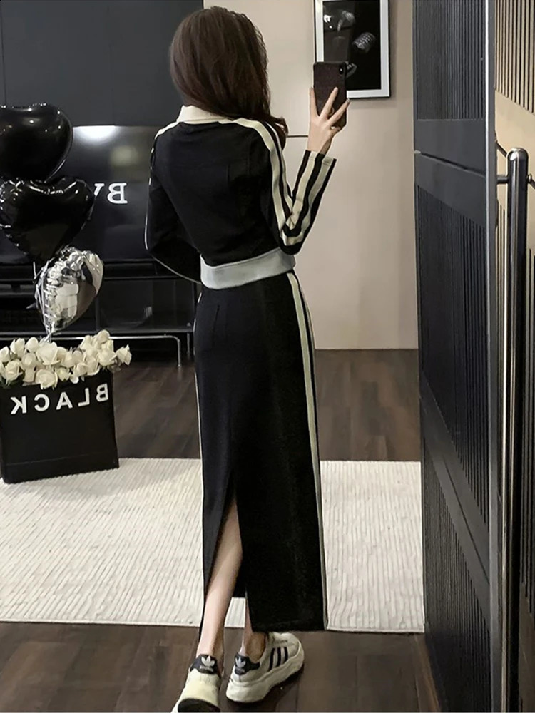 Womens Spring Autumn Sporty Coat Skirts Two Piece Set Casual Zipper Patchwork Jackets Skirt Outfits Run Clothing Sets 240724