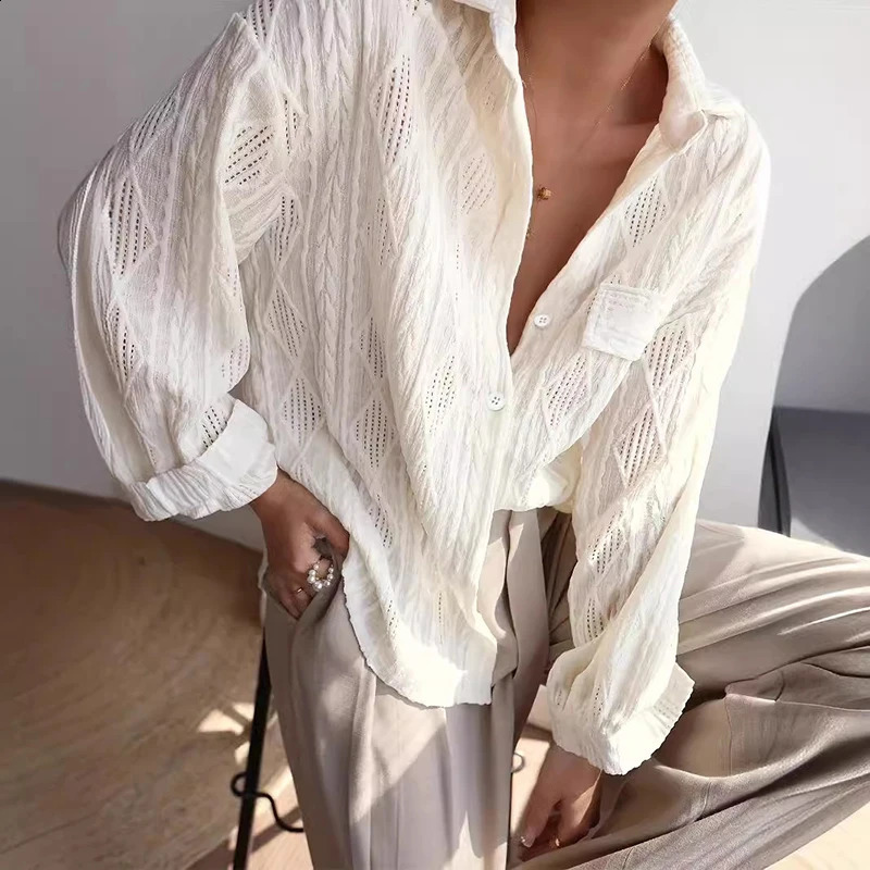Women Elegant Turndown Collar Button Shirt Autumn Long Sleeve Crochet Hollow Top Mujer Spring Solid Jacquard Blouse 240723