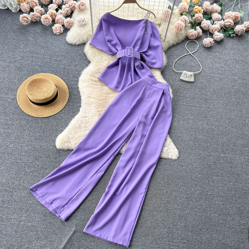 Light Mature Style Royal Sister Womens Summer 2023 New One Off Shoulder Top Versatile Wide Leg Pants Two Piece Set Trendy Novelty Short Waist Round Ne