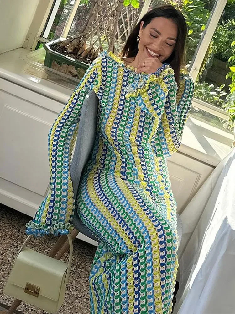 Spring Summer Elegant Long Dresses for Women Casual Loose Sexy Contrast Color Knitting Maxi Dress Backless Traf Official Store 240724
