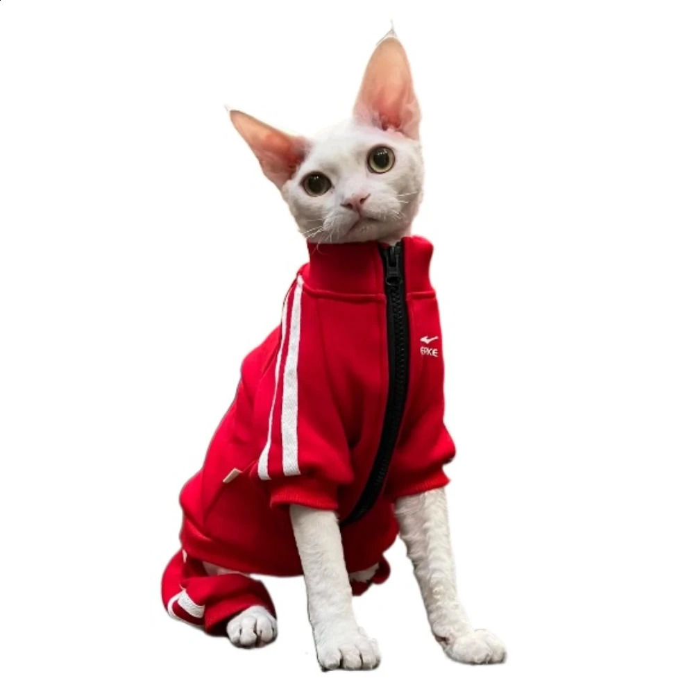 Sphinx Hairless Cat Clothes Autumn Winter Velvet Fourlegged Devon Rex Antipinch Zipper Outfit Kitten 240722