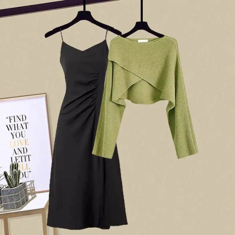 Autumn Irregular Cross Knitted Sweater Pullover Strap Pleated Dress Two Piece Elegant Womens Party Dress 240724