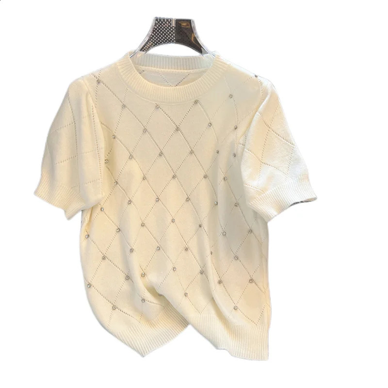 Summer Sweater Womens Knitted Pullover Loose O-Neck Short Sleeve Diamond Sweater Western Style Versatile Backing Pullover Tops 240723