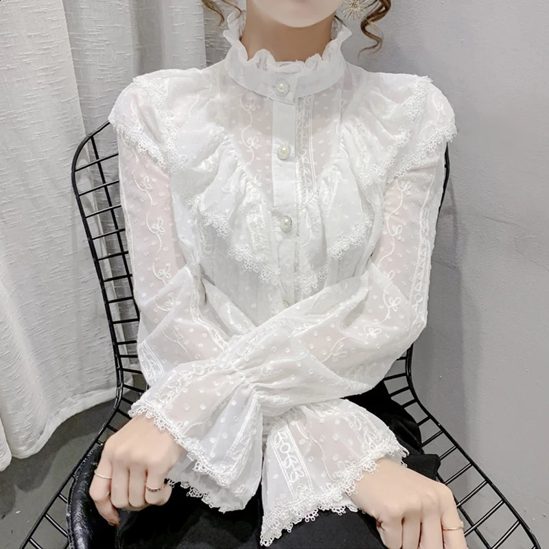 Korean Style Ruffle Stitching Lace Blouse Fashion Long Sleeve Loose Chiffon Shirt Elegant Stand Collar Pleated Tops Blusas 15832 240723