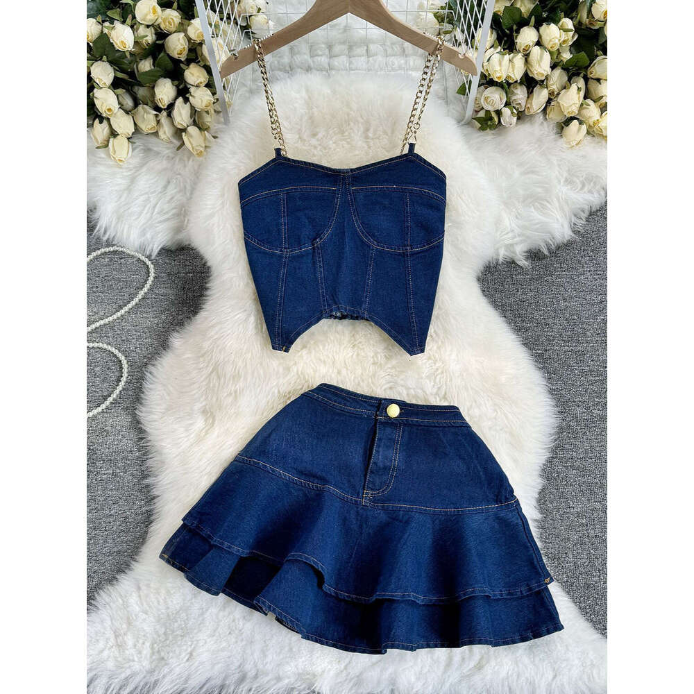 American Spicy Girl Set with Pure Desire Style Chain Hanging Strap Bra Denim Top+high Waist A-line Ruffle Edge Short Skirt Pregnant Womens Dress