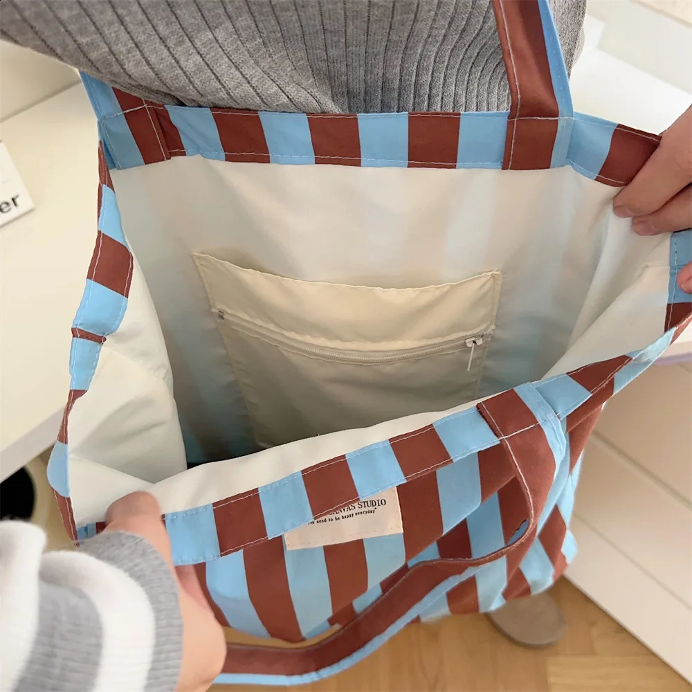 Women Canvas Stripe Tote Shoulder Bags Large Capacity Foldable Eco Cotton Cloth Handbag Female Casual Travel Shopping School Bag 240822