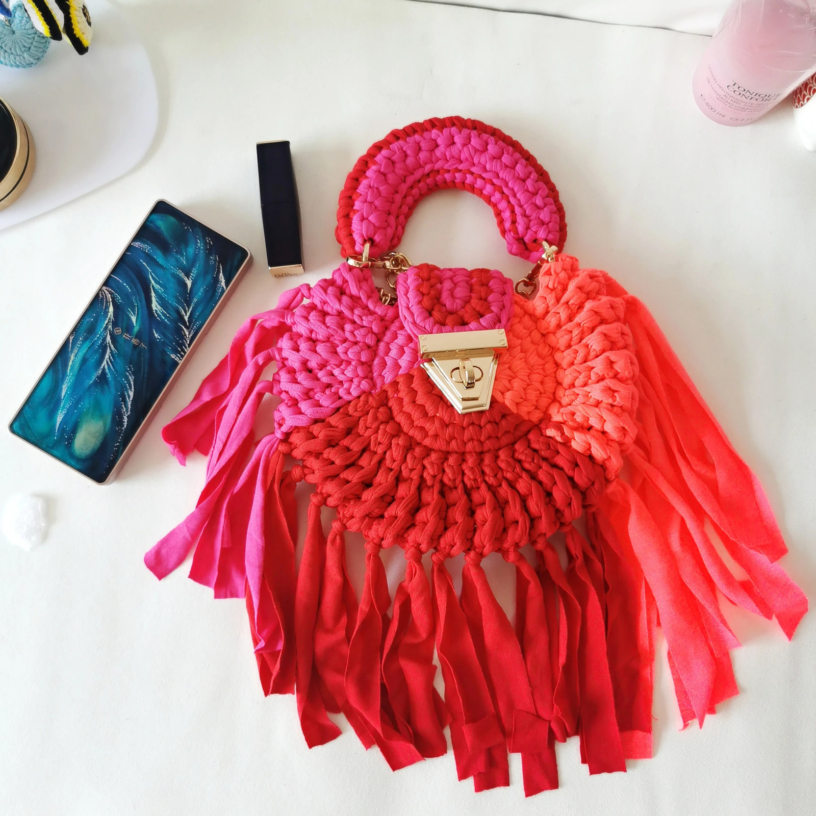 Womens Bag Woven Shoulder Cross Handbags Braided Cotton Fabric Crochet Round Metal Chain Soft Casual Aesthetic Lady Small Bags 240723