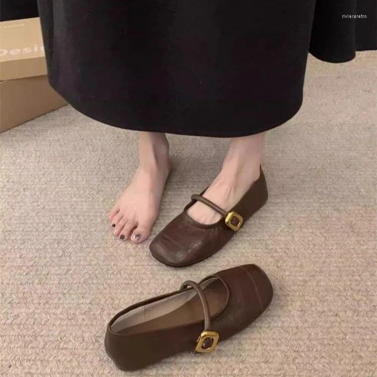 Casual Shoes Women's Mary Janes Designer Buckle Strap Flats Squre Toe Leather Soft Female Black atos Mujer 1828N
