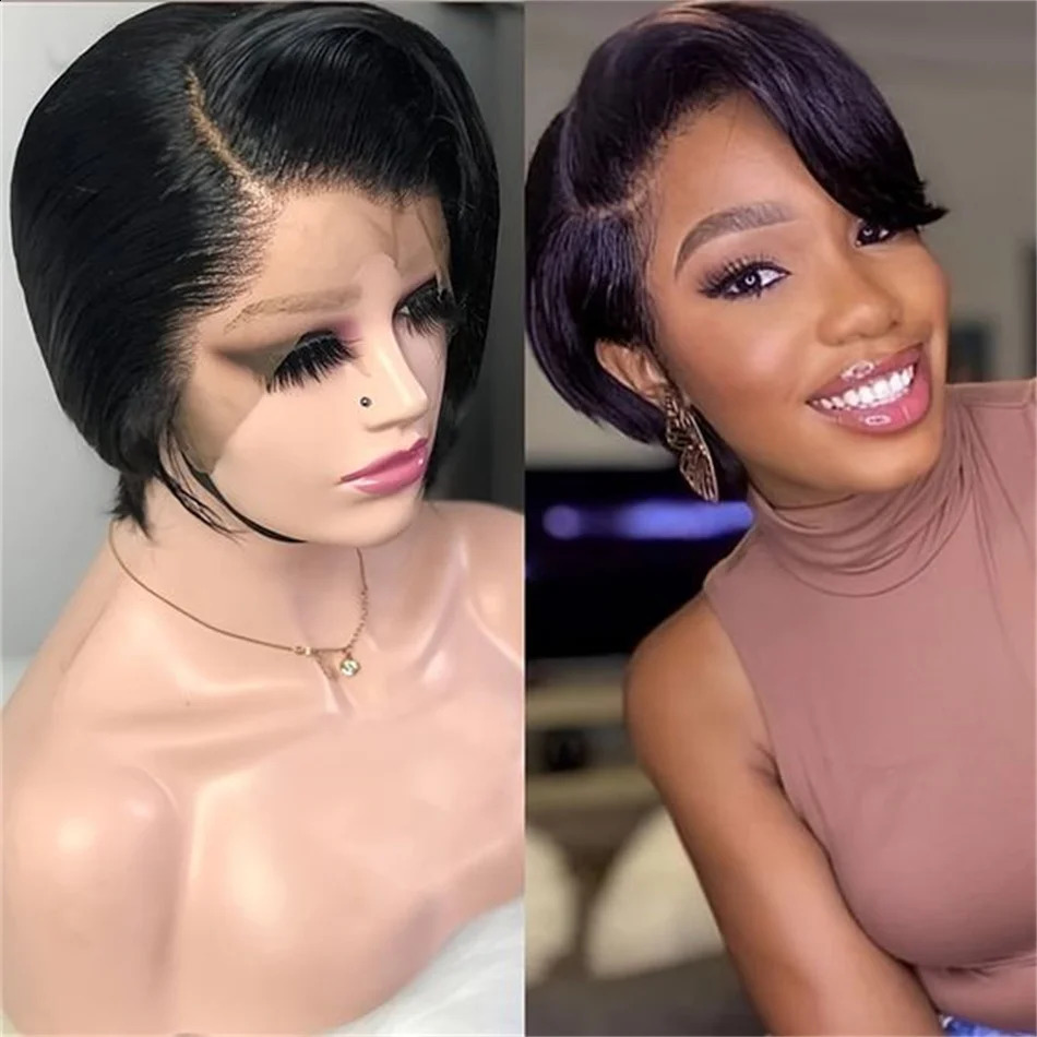 Short Bob Pixie Cut Wig Lace Frontal Straight Transparent Lace Front Human Hair Wigs For Women Preplucked Brazilian Glueless Wig 240719