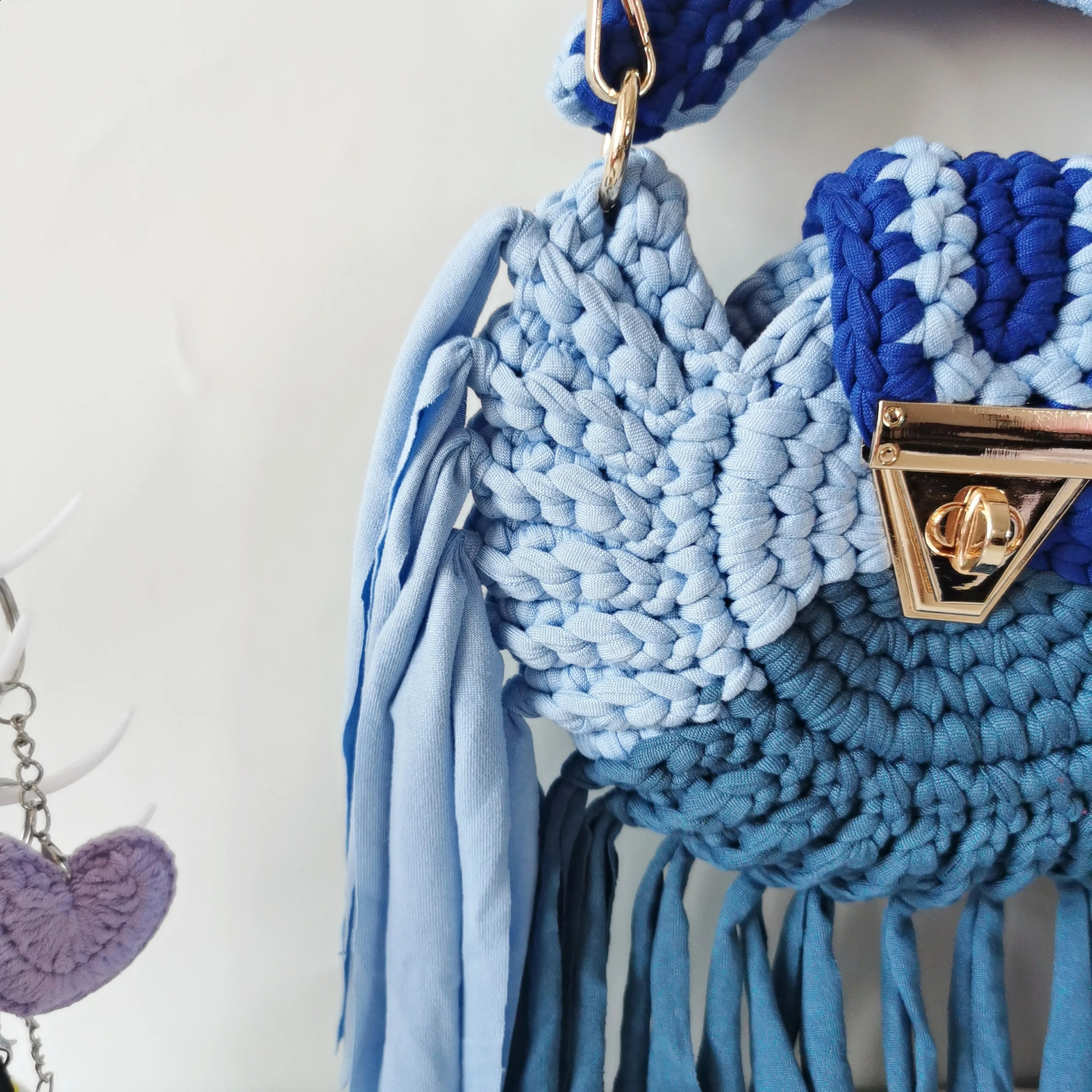 Womens Bag Woven Shoulder Cross Handbags Braided Cotton Fabric Crochet Round Metal Chain Soft Casual Aesthetic Lady Small Bags 240723