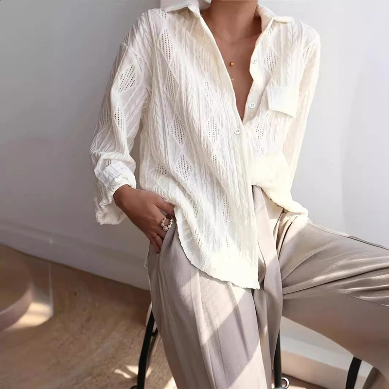 Women Elegant Turndown Collar Button Shirt Autumn Long Sleeve Crochet Hollow Top Mujer Spring Solid Jacquard Blouse 240723