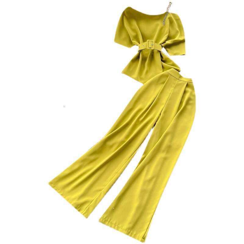 Light Mature Style Royal Sister Womens Summer 2023 New One Off Shoulder Top Versatile Wide Leg Pants Two Piece Set Trendy Novelty Short Waist Round Ne