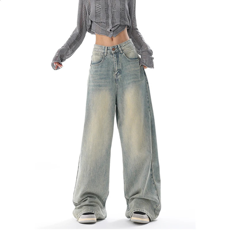 American Vintage Y2K Wide Leg High Waist Straight Jeans Pants Womens Casual Baggy Grunge Streetwear Style Denim Trouser 240812