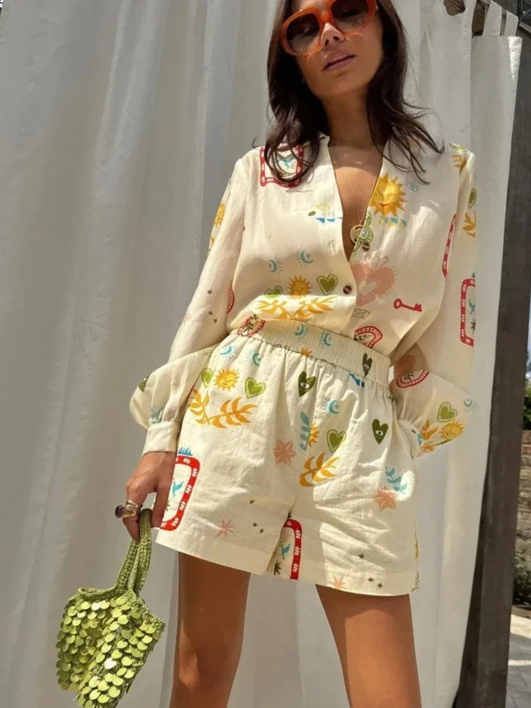 Causal Loose Lapel Buttons Long Sleeved Shirt Set Fashion Prined Elastic Waist Pockes Shorts Pants Suit Lady Vacation Outfit 240723