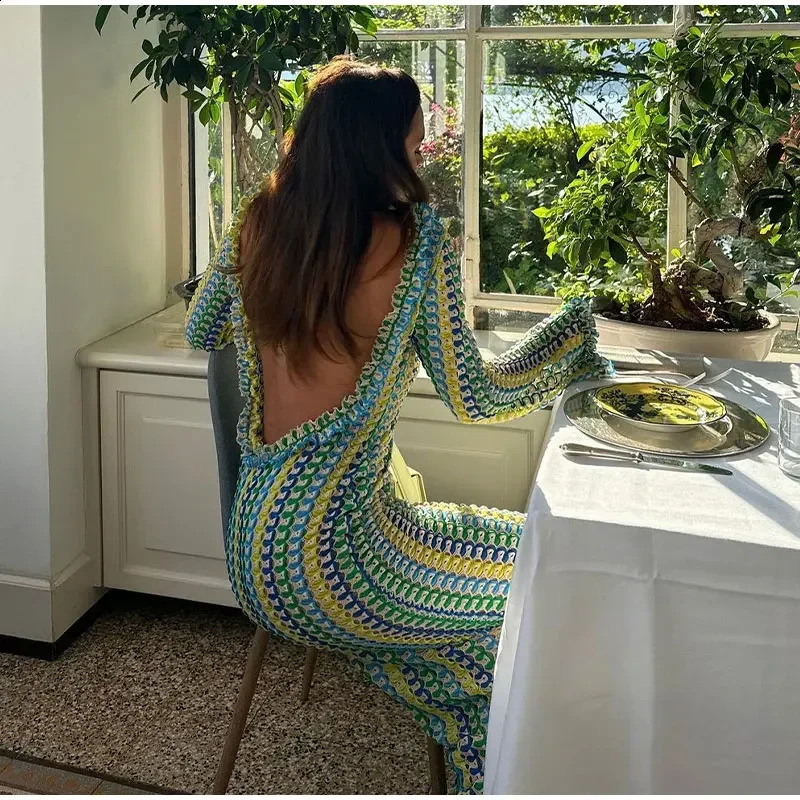Spring Summer Elegant Long Dresses for Women Casual Loose Sexy Contrast Color Knitting Maxi Dress Backless Traf Official Store 240724