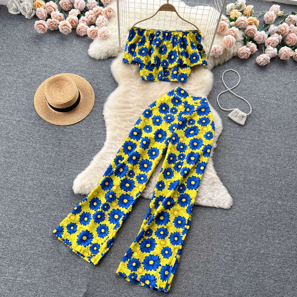 and Slim Set Womens Summer Sweetheart One Line Neck Top Versatile High Waist Wide Leg Pants Printed Two Pieces Waist Loose Bifurcated Oversize Dress