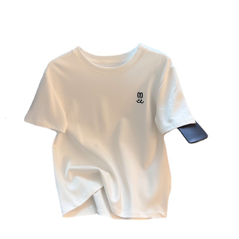 Solid color round neck white shoulder T-shirt for in summer, loose and slimming base shirt top, short sleeved women
