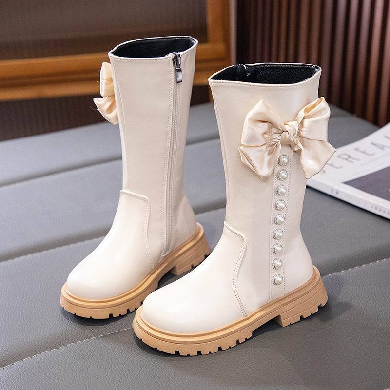 Girls cotton boots childrens fashion princess bow pearl 2023 autumn and winter new item childrens plush warm high tube 221128