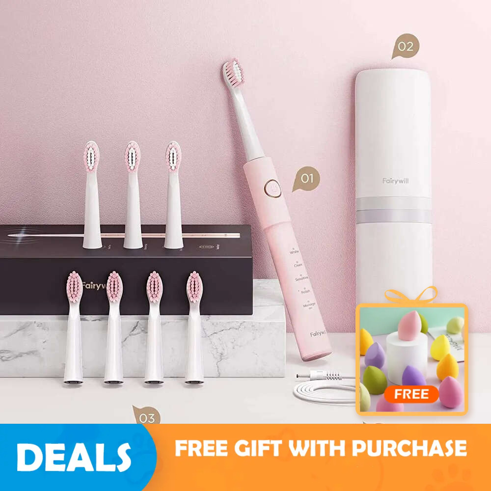 Fairywill Sonic E11 Waterproof USB Charge Rechargeable Electric Toothbrush 8 Brush Replacement Heads Adult F618-75