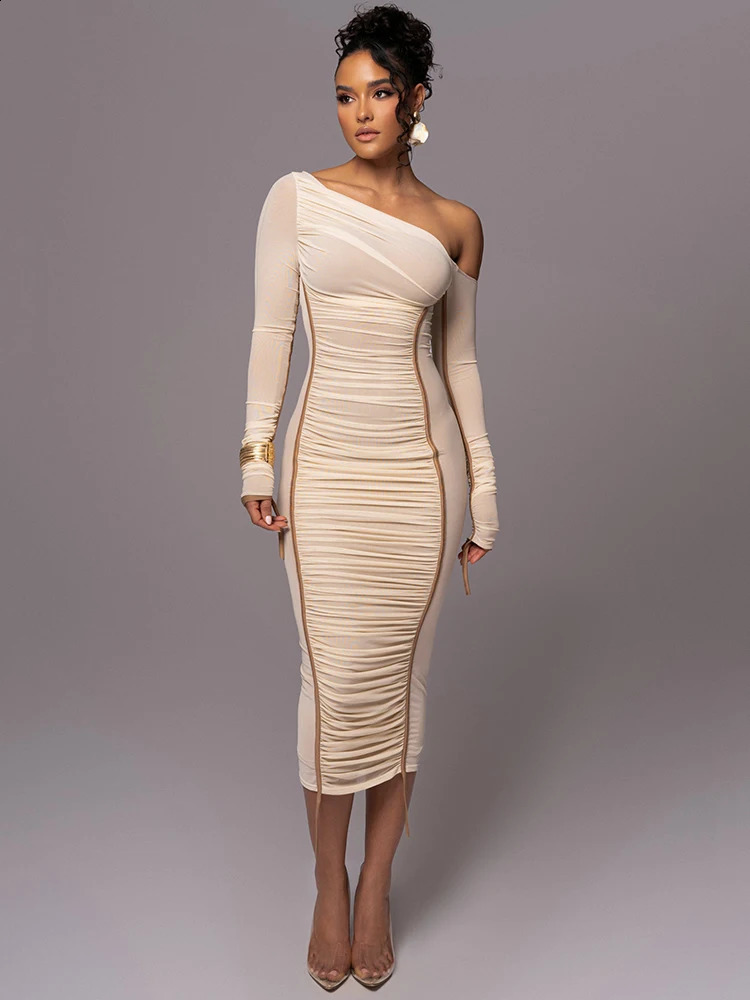 Mozision Diagonal Collar Long Sleeve Midi Dress For Women Two Layer Mesh Backless Ruched Bodycon Club Party Sexy Long Dress 240816