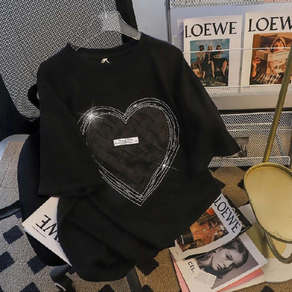 2024 New Summer Loose Size 200kg Heavy Industry Love Hot Diamond Cotton Round Neck Short Sleeve T-shirt Women's Trend